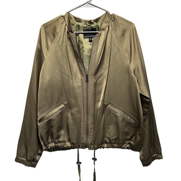 Banana Republic Olive Satin Bomber Jacket Zip Front Drawstring Hem Size M - Picture 1 of 10
